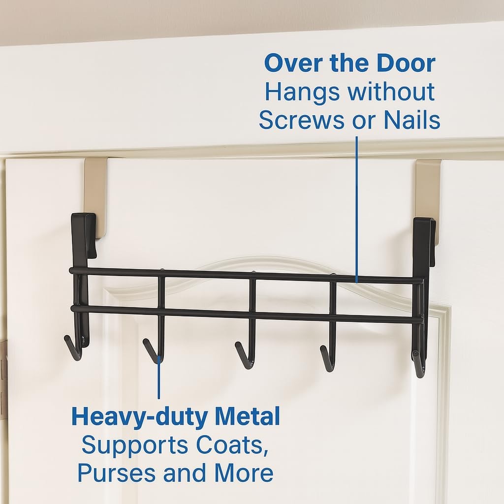 GoHooked brown over-the-door organizer rack with 5 heavy-duty metal hooks for coats, purses, and accessories. No tools required.