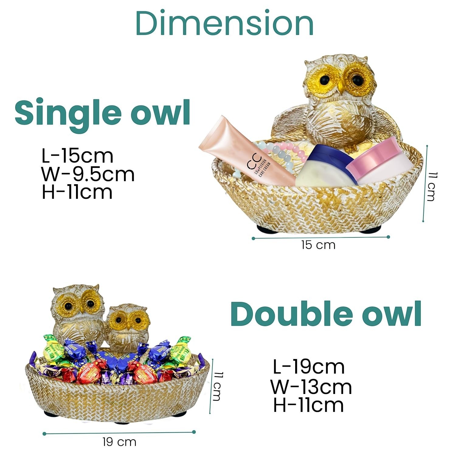 GoHooked golden polyresin owl basket set with decorative owls, perfect for home or office decor and small item organization.