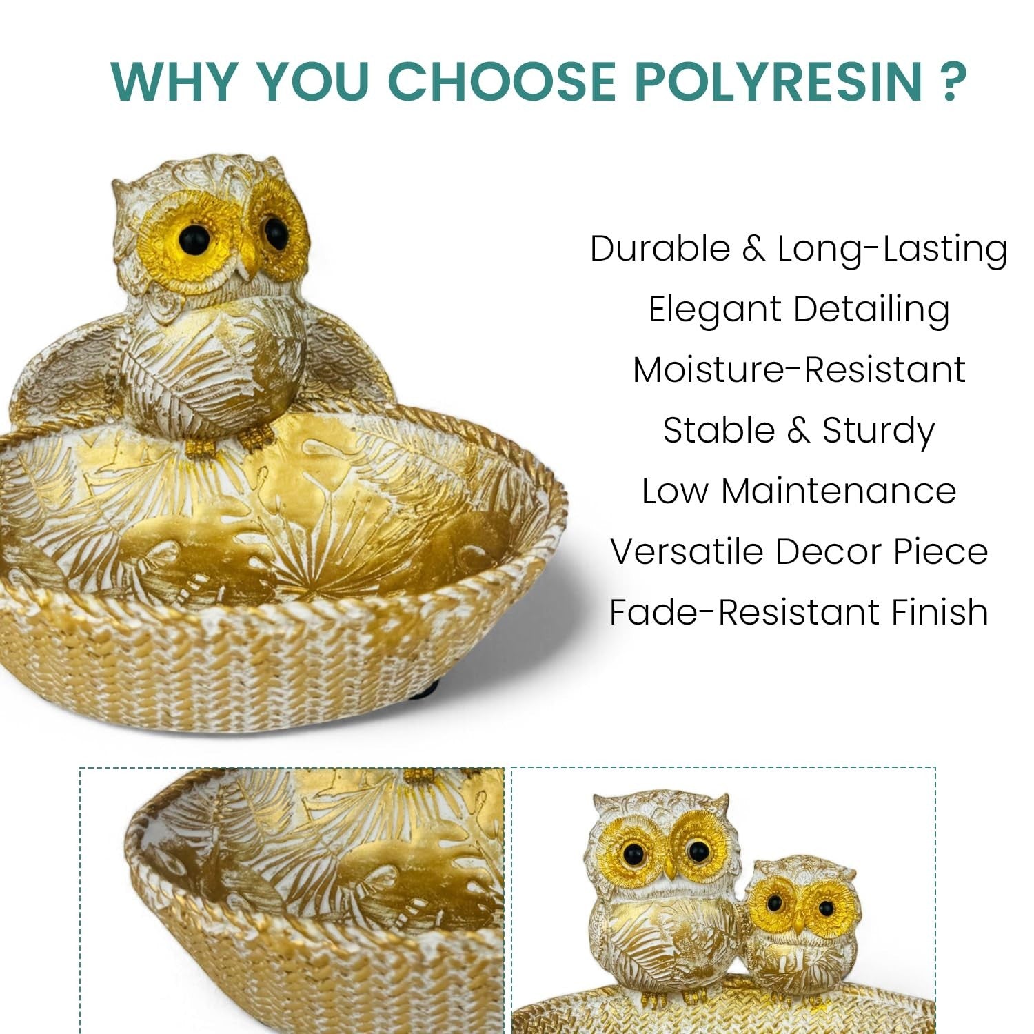 GoHooked golden polyresin owl basket with intricate leaf pattern, perfect for tabletop decor and small item organization.