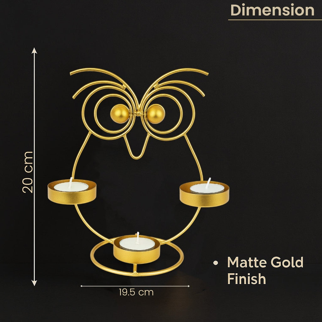 GoHooked matte gold iron owl tealight candle holder with 3 trays, 20cm tall.