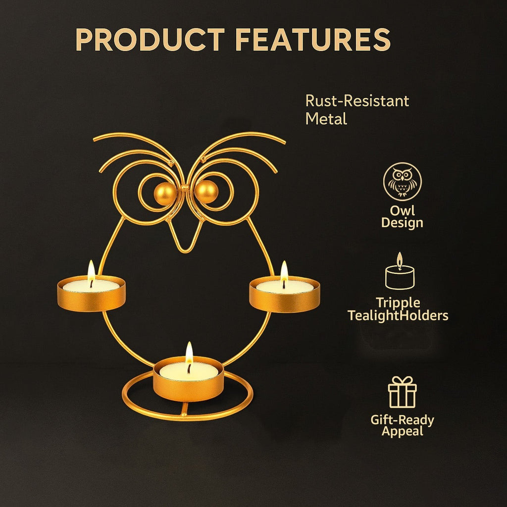 GoHooked golden iron owl tealight candle holder with three trays and lit candles.