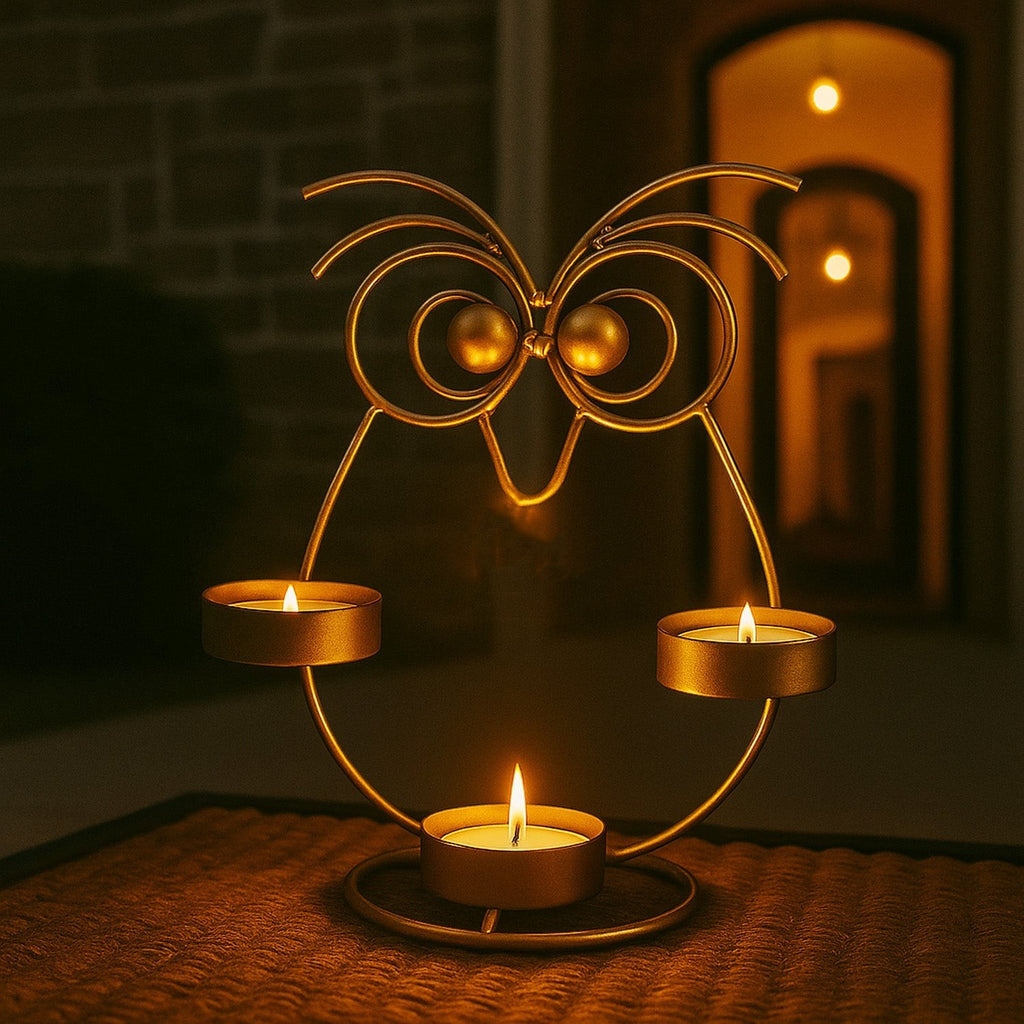 GoHooked golden iron owl tealight candle holder with 3 trays, decorative home accent