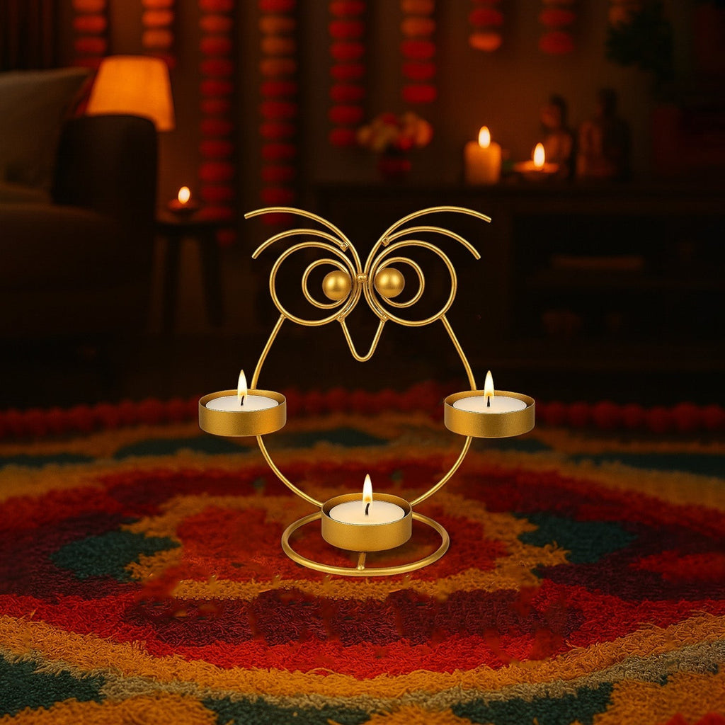 GoHooked golden iron owl tealight candle holder with 3 trays, decorative stand for home décor.