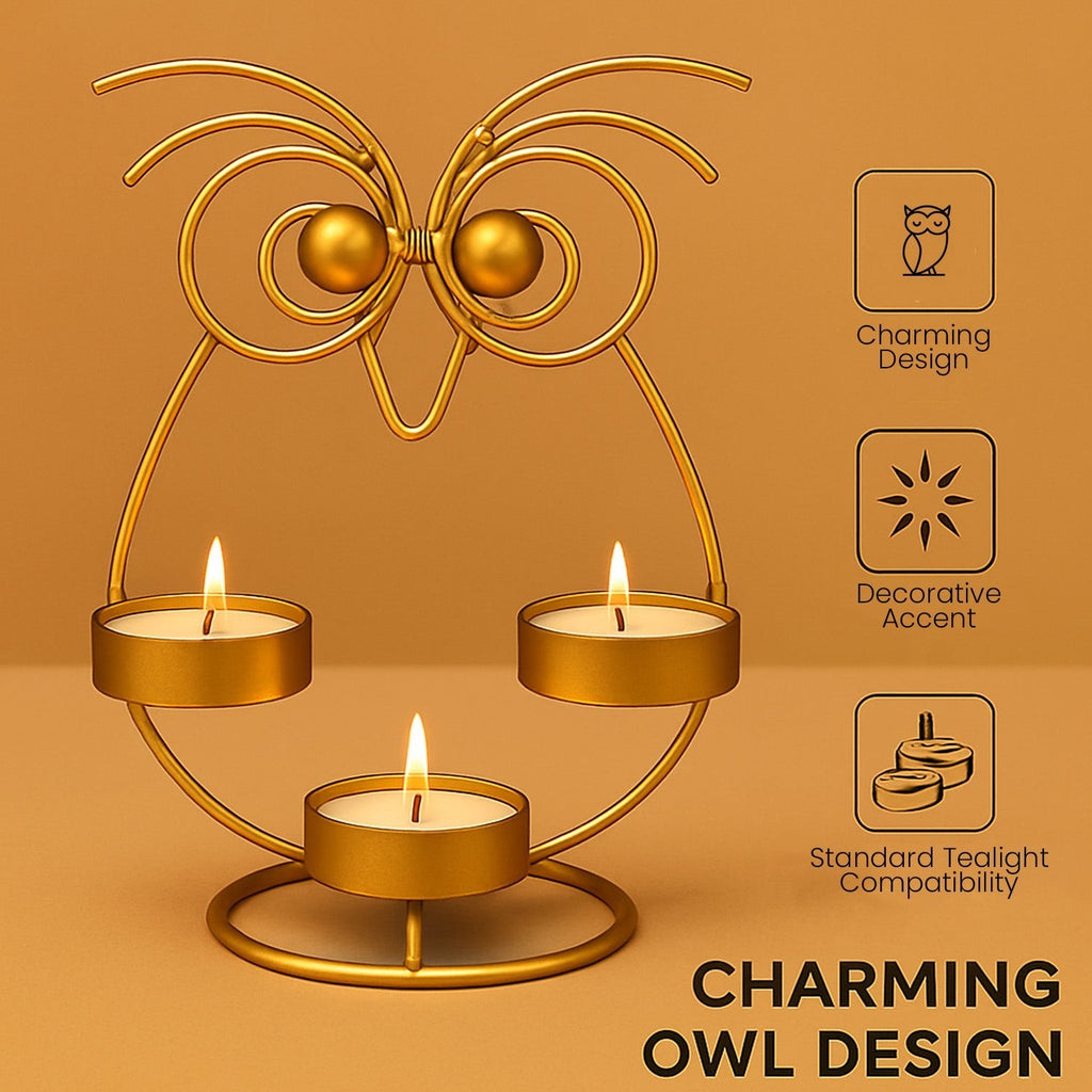 GoHooked golden iron owl tealight candle holder with three trays, 20cm decorative stand.