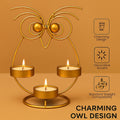 GoHooked golden iron owl tealight candle holder with three trays, 20cm decorative stand.