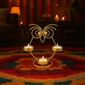 GoHooked matte gold iron owl tealight holder with three candle holders, perfect for Diwali and festive decor.