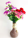 Go Hooked brown painted glass flower vase with decorative twine and button, holding pink, purple, and red artificial flowers.