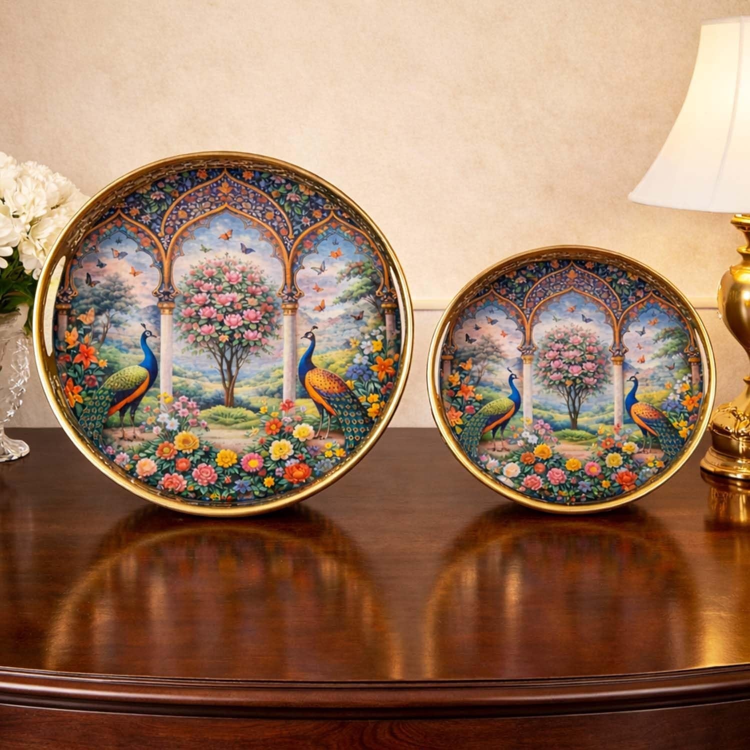 Go Hooked set of 2 round metal decorative trays with peacock and floral garden scene, gold rim