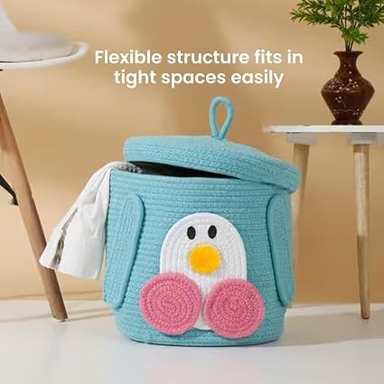 GoHooked cotton rope storage basket with a cute penguin design, lid, and soft blue woven texture for nursery storage.