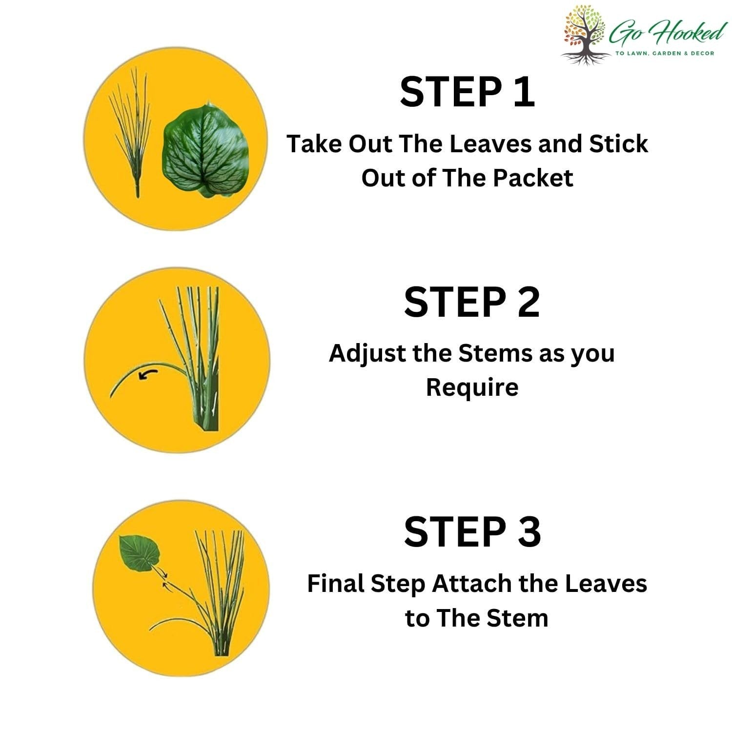 GoHooked Philodendron Mamei Plant assembly instructions: Step 1, Step 2 adjust stems, Step 3 attach leaves.