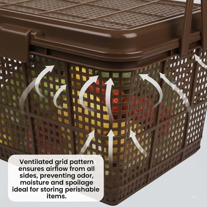 GoHooked dark brown plastic picnic storage basket with lid and handle, ventilated grid pattern.