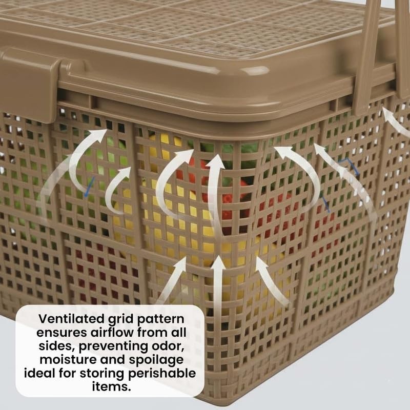 GoHooked light brown plastic picnic storage basket with lid and handle, ventilated grid pattern.