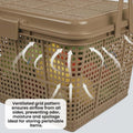 GoHooked light brown plastic picnic storage basket with lid and handle, ventilated grid pattern.