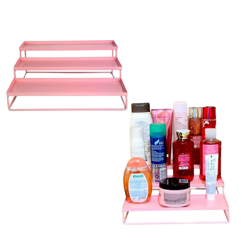 GoHooked pink 3-tier metal standing rack organizer for countertop, bathroom, or vanity storage. Holds cosmetics, spices, and essentials.