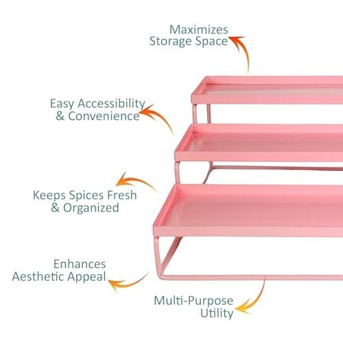 GoHooked pink 3-tier metal standing rack organizer for countertop, bathroom, or vanity storage. Maximizes space.