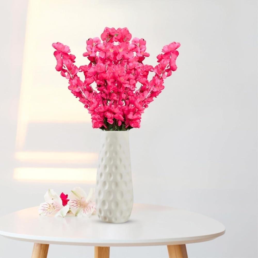 GoHooked pink artificial flowers in a white textured vase, realistic faux flowers for home and office decor.