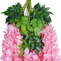 GoHooked 12 pack pink artificial wisteria silk flowers with green leaves, 3.6 feet long, for wedding and home decor.