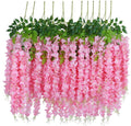 GoHooked 12 pack pink artificial silk wisteria vine garlands with green leaves for wedding decor