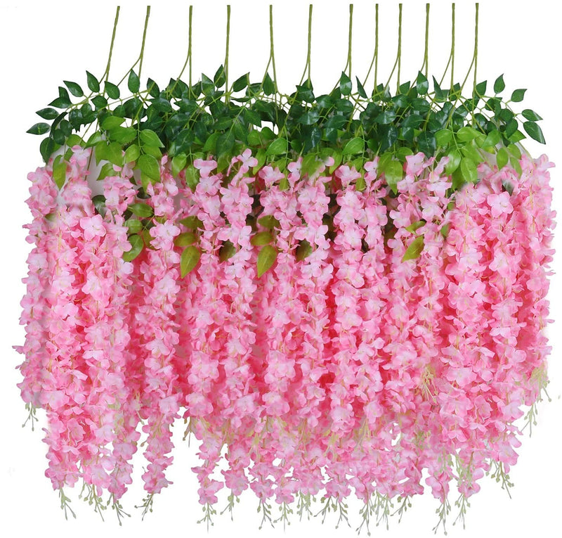 GoHooked 12 pack pink artificial silk wisteria vine garlands with green leaves for wedding decor