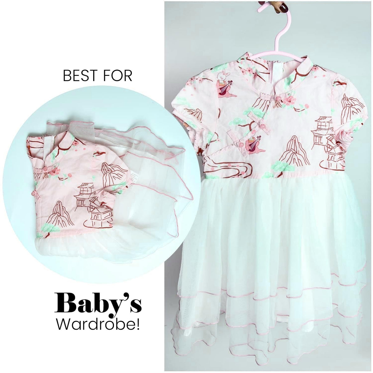 GoHooked pink and white tiered dress for baby girls with traditional Chinese print and bunny motif. Short sleeves, mandarin collar, and delicate trim.