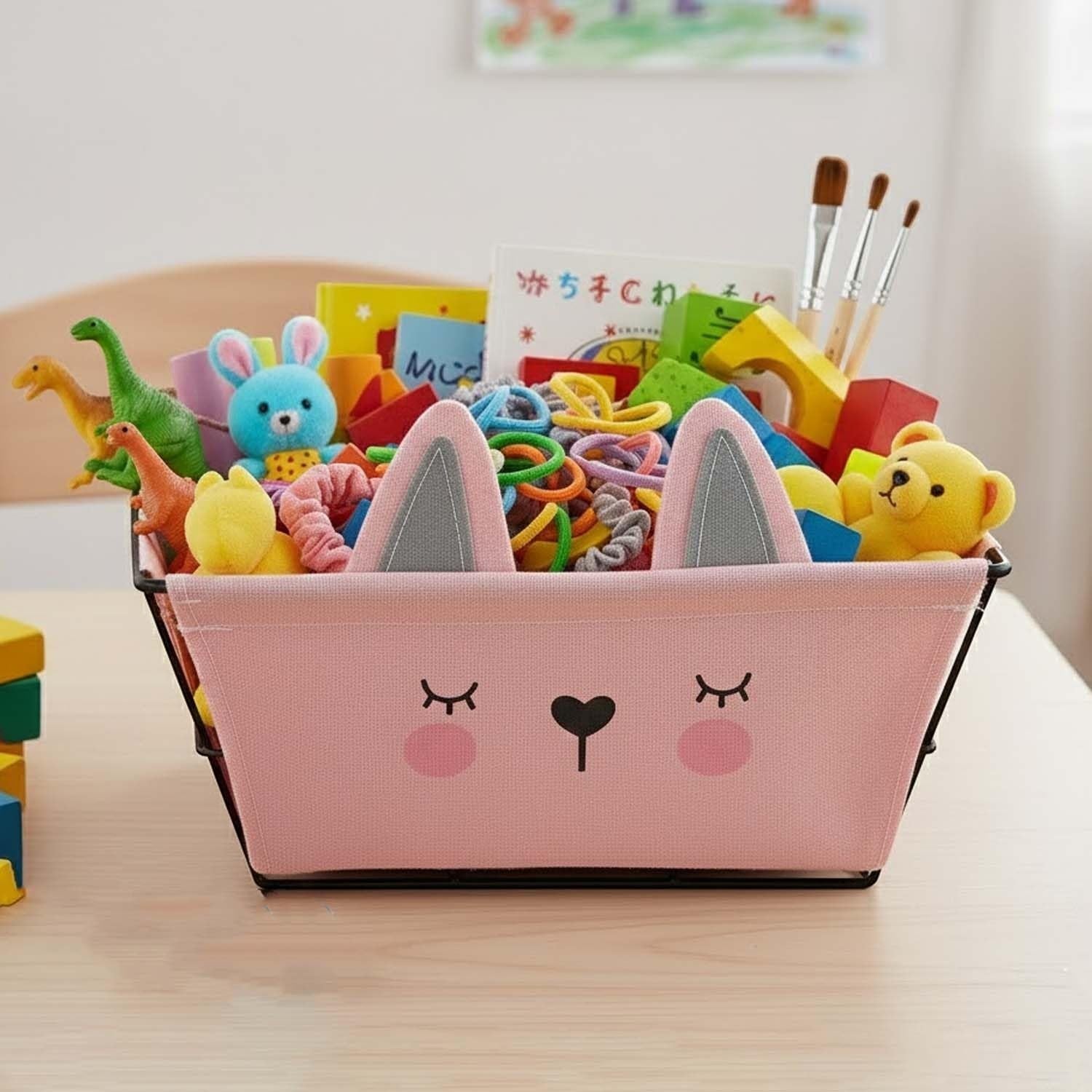 GoHooked pink storage basket with cute cat face and ears, filled with toys and art supplies.