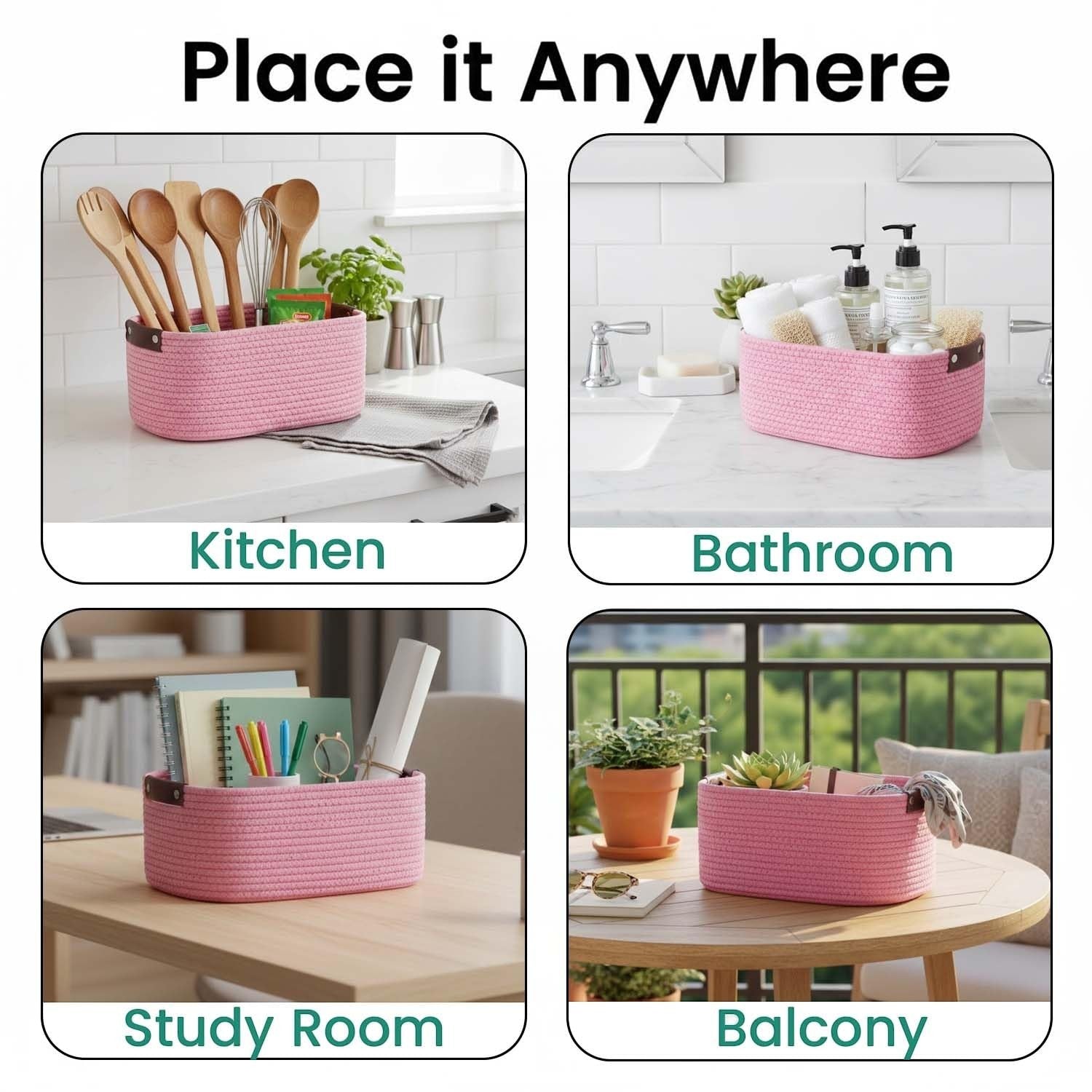 Go Hooked light pink rectangular cotton rope storage basket with PU leather handles, perfect for home and office organization.
