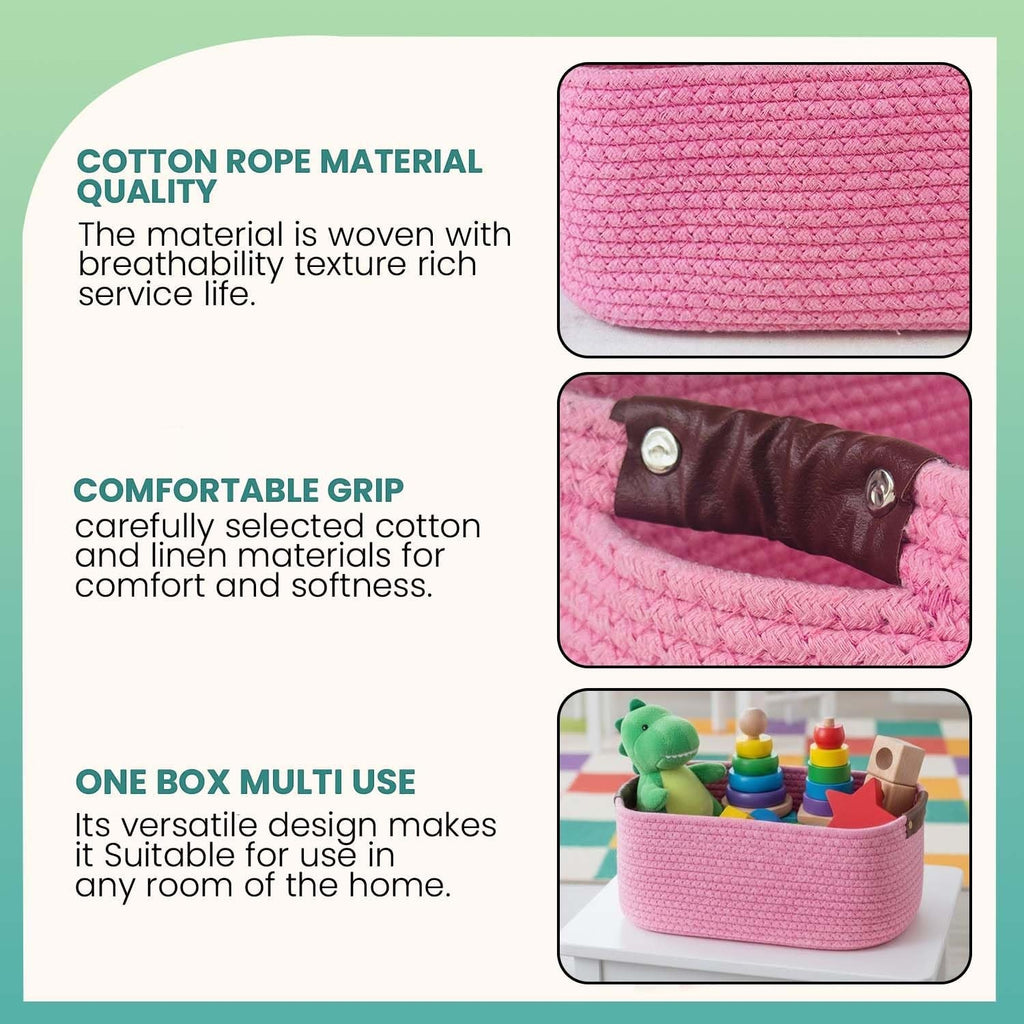 Go Hooked light pink rectangular cotton rope storage basket with PU leather handles, ideal for home or office organization.
