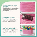 Go Hooked light pink rectangular cotton rope storage basket with PU leather handles, ideal for home or office organization.