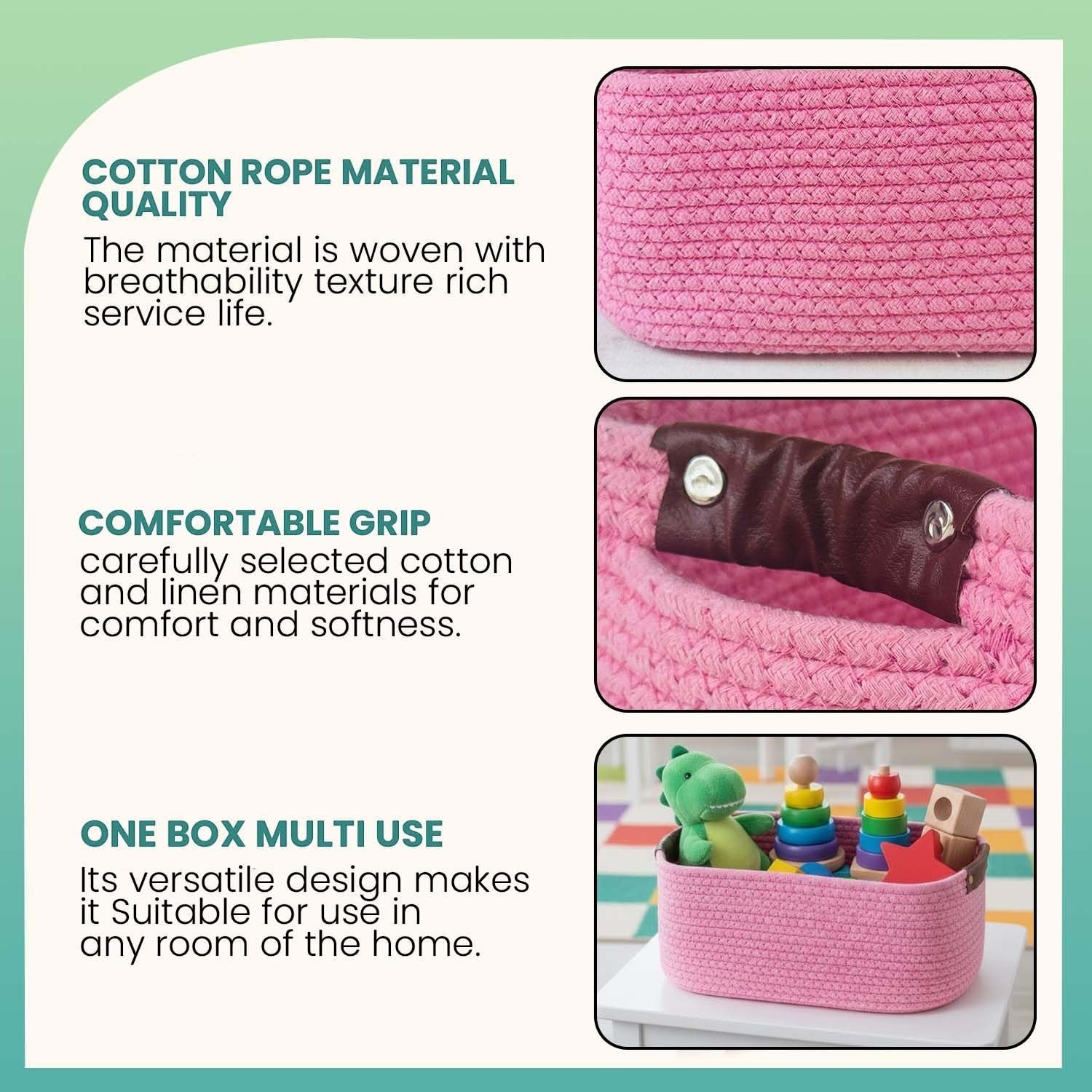 Go Hooked light pink rectangular cotton rope storage basket with PU leather handles, ideal for home or office organization.
