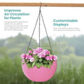 GoHooked pink plastic hanging pot with woven texture, 7.1 inch diameter, filled with pink flowers.