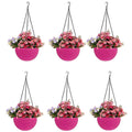 GoHooked pink plastic hanging pots with woven texture, filled with pink and purple flowers. Set of 6.