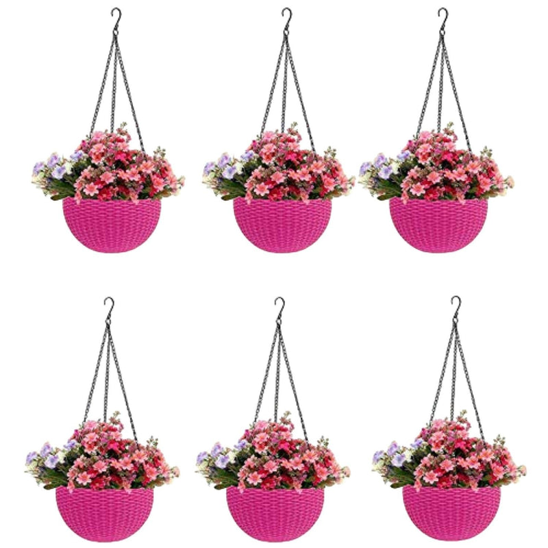 GoHooked pink plastic hanging pots with woven texture, filled with pink and purple flowers. Set of 6.