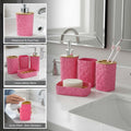 Go Hooked pink plastic bathroom accessory set with heart embossed design, includes soap dispenser, tumbler, toothbrush holder, and soap dish.