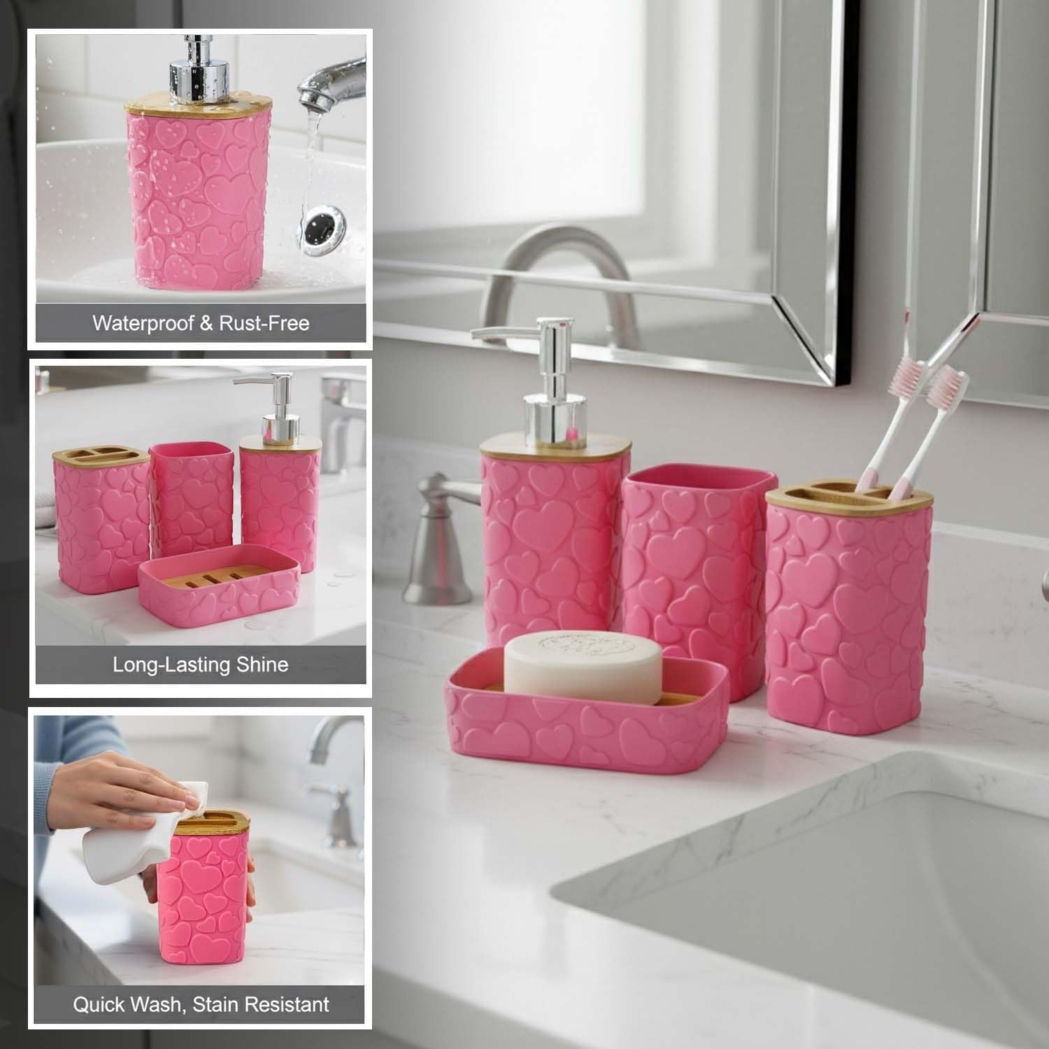 Go Hooked pink plastic bathroom accessory set with heart embossed design, includes soap dispenser, tumbler, toothbrush holder, and soap dish.