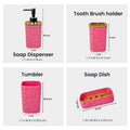 Go Hooked pink plastic bathroom accessory set with heart embossed design. Includes soap dispenser, toothbrush holder, tumbler, and soap dish.