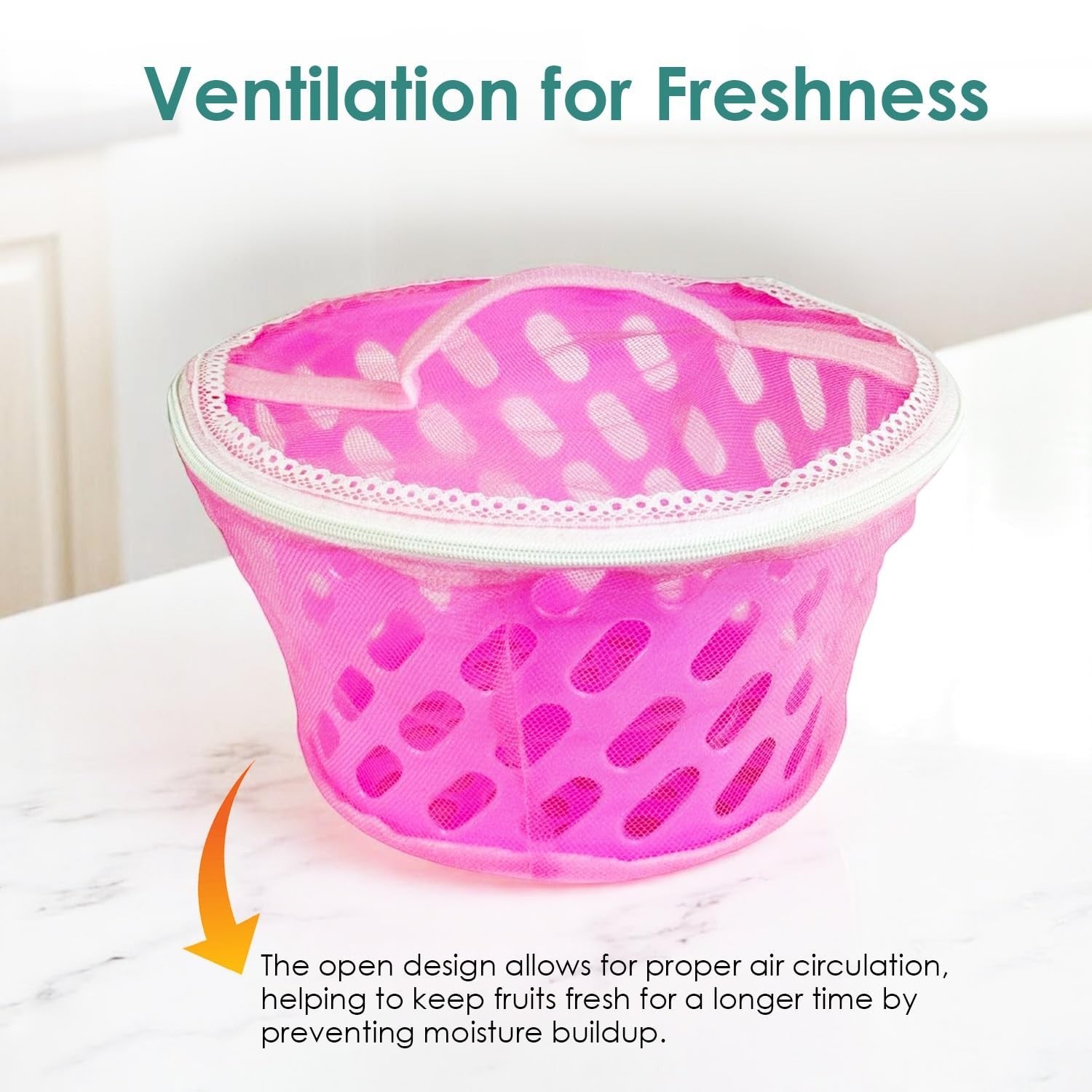 GoHooked pink mesh storage basket with zip closure and handle, ideal for fruits and vegetables.