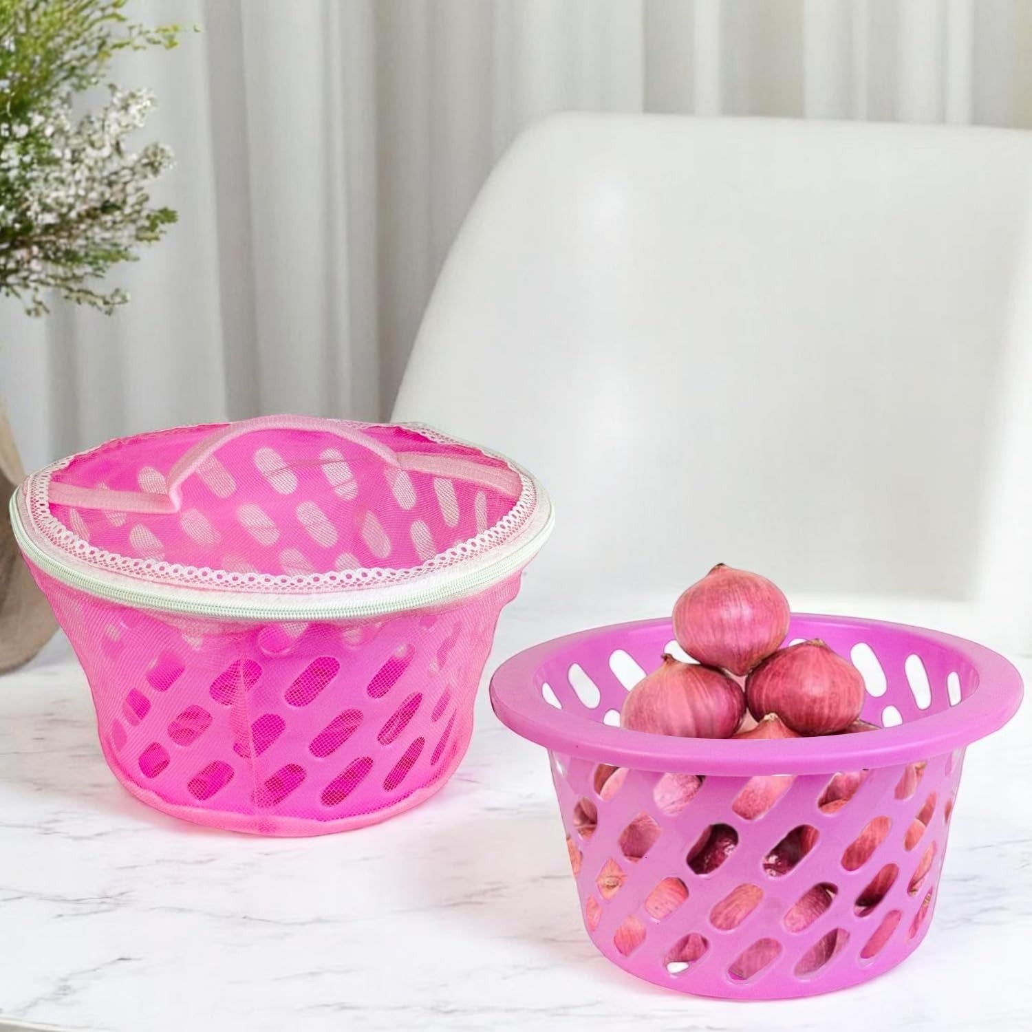 GoHooked pink mesh storage basket with zip closure and handle, perfect for fruits, vegetables, or essentials.
