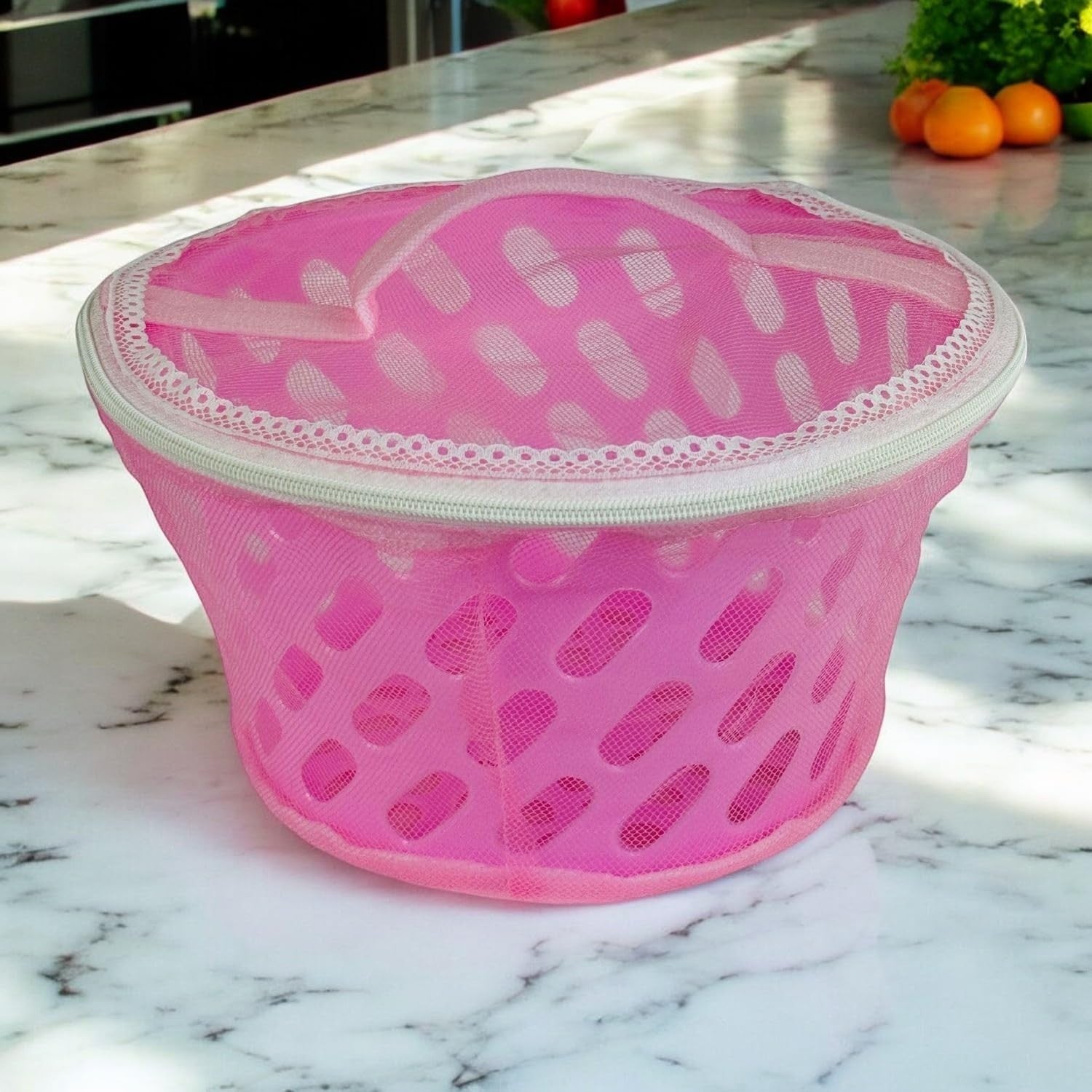 Go Hooked pink mesh storage basket with zip-close net cover and decorative trim. Breathable, insect-proof design.