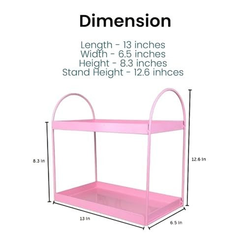 GoHooked pink metal 2-tier standing rack for bathroom or kitchen countertop organization. Features curved handles and a space-saving design.