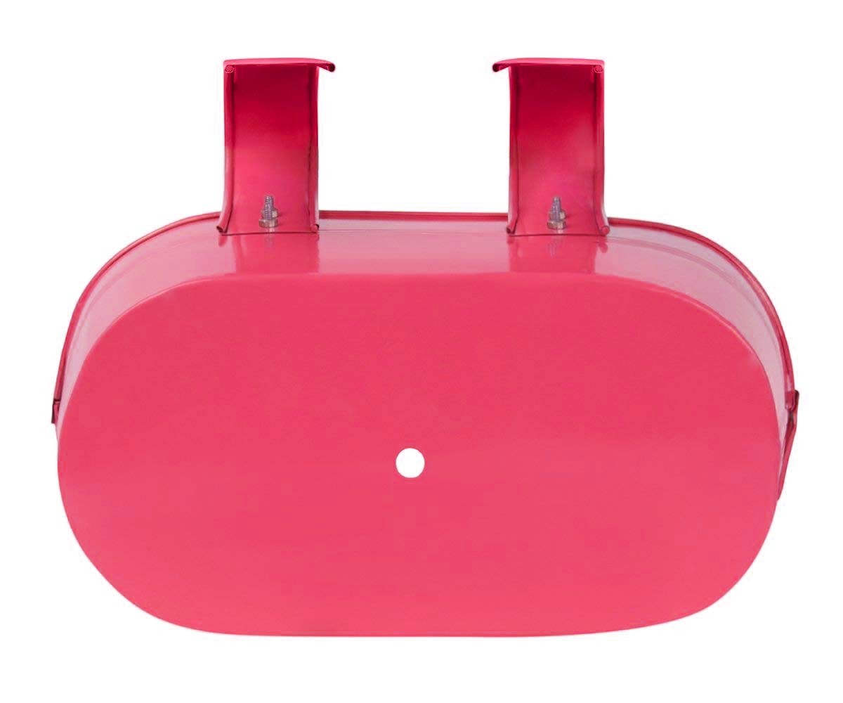 GoHooked 12-inch oval pink metal hanging planter with hooks for railing or balcony.