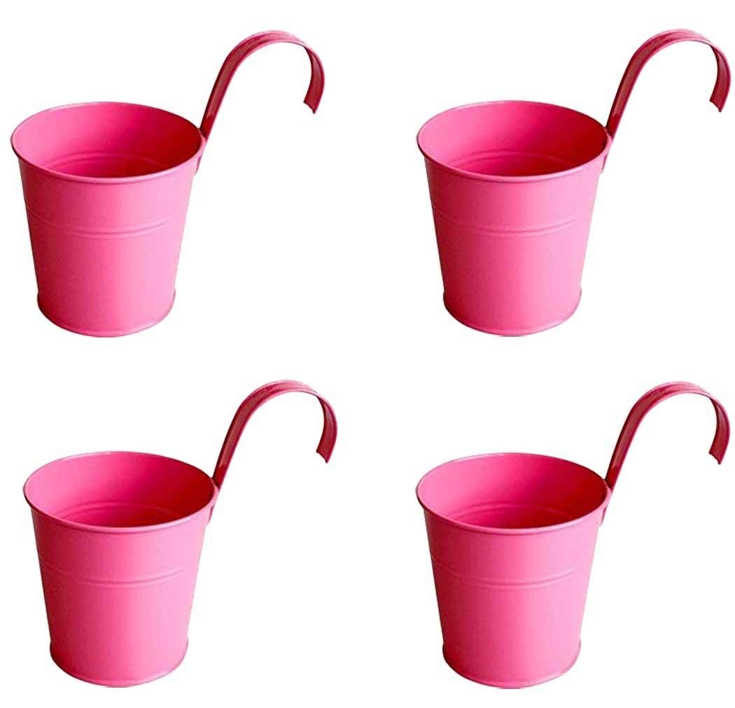 Go Hooked pink metal hanging planter pot with curved handle, set of 4. Ideal for balconies and railings.