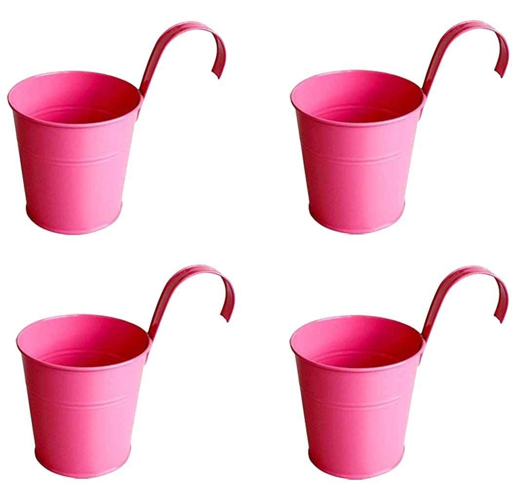 GoHooked set of 4 pink metal hanging planters with rust-resistant coating. Ideal for balconies and railings.