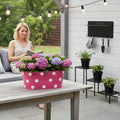 GoHooked pink metal oval hanging planter with white polka dots, filled with hydrangeas.