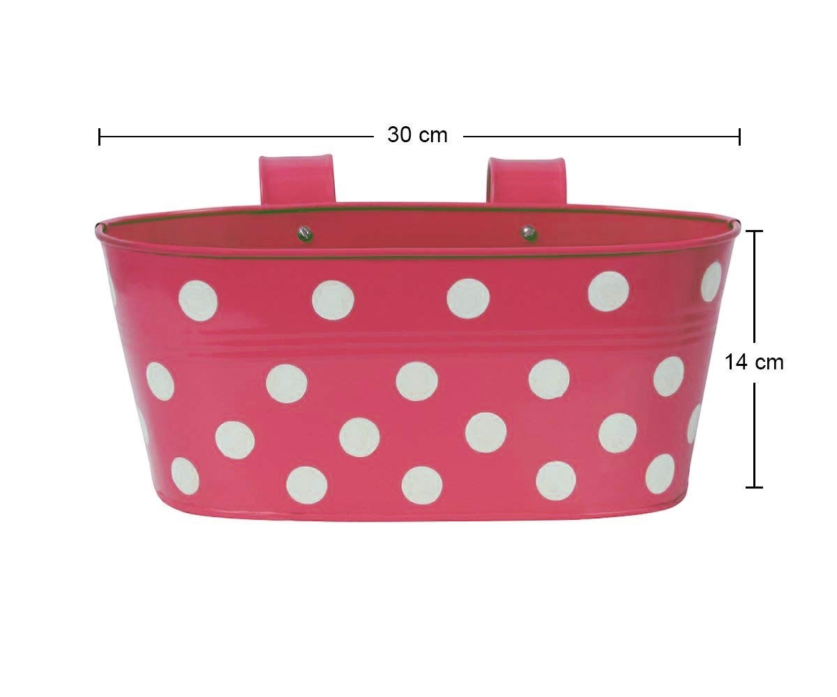 GoHooked pink metal railing planter with white polka dots, 12-inch oval, weatherproof, with detachable hooks.
