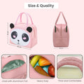 Go Hooked pink Oxford cloth lunch bag with panda face and black ears, insulated for school or picnics.