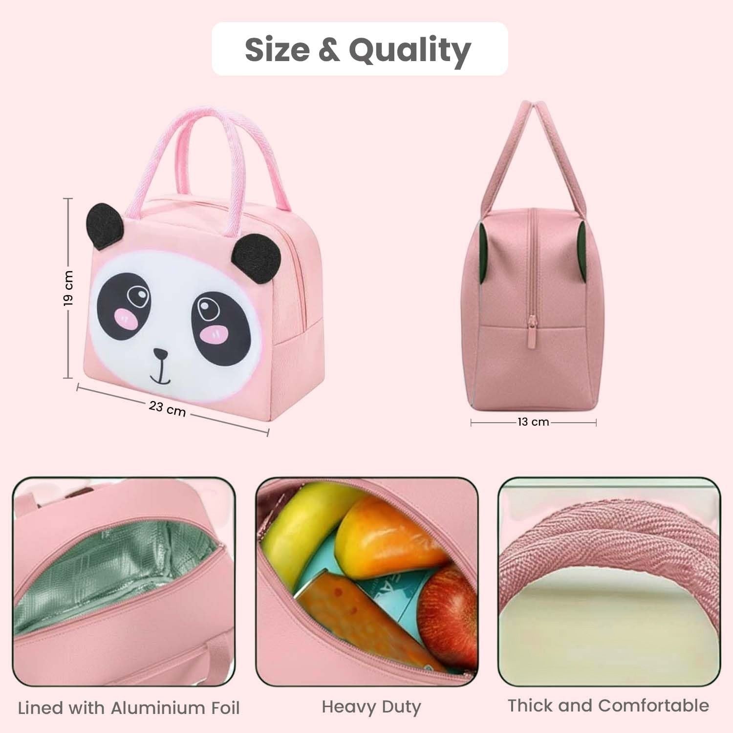 Go Hooked pink Oxford cloth lunch bag with panda face and black ears, insulated for school or picnics.