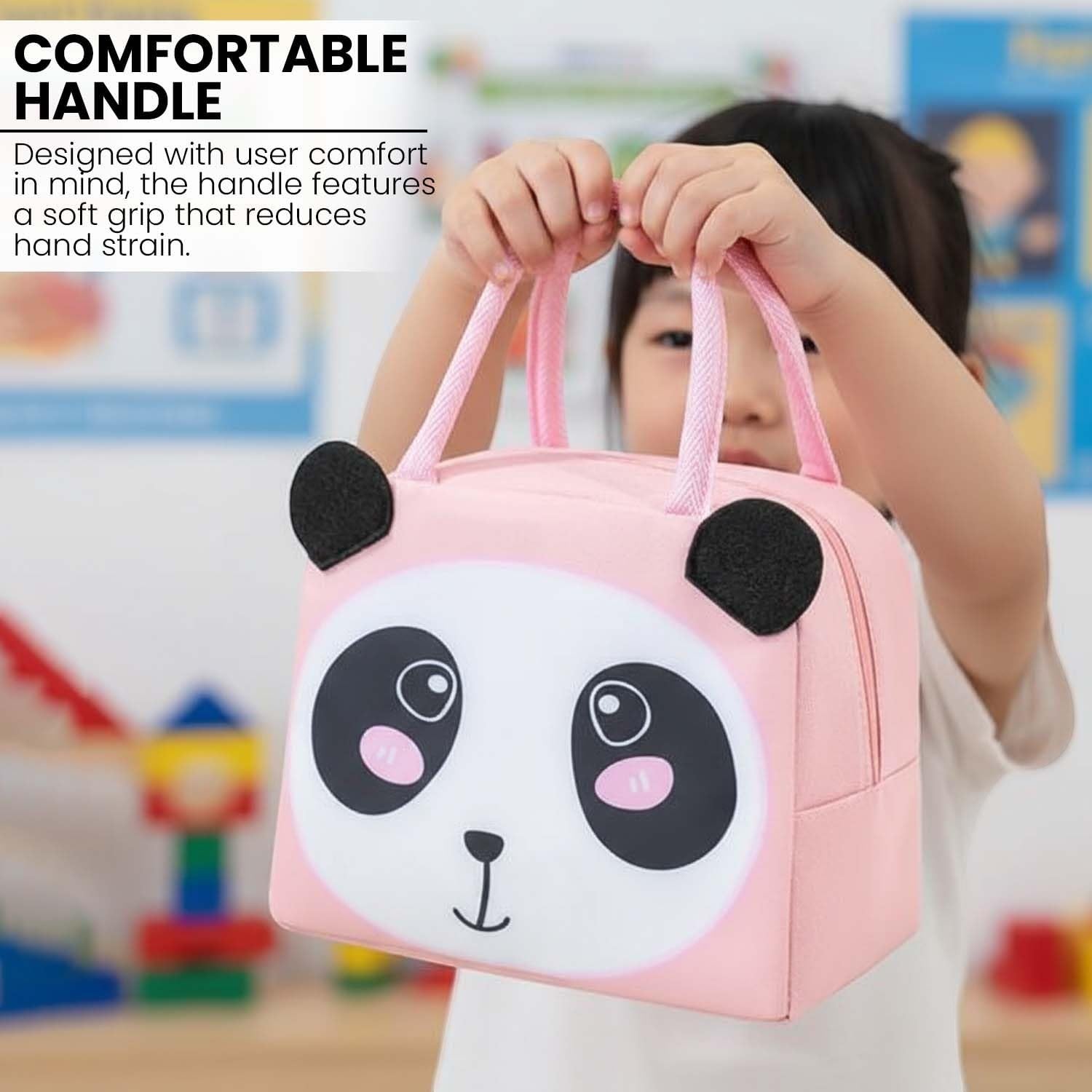 Go Hooked pink Oxford cloth lunch bag with cute panda face and black ears, thermal insulated for school or picnics.