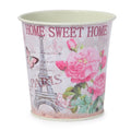 GoHooked pink metal planter with Eiffel Tower, roses, and butterfly design. Home Sweet Home text.