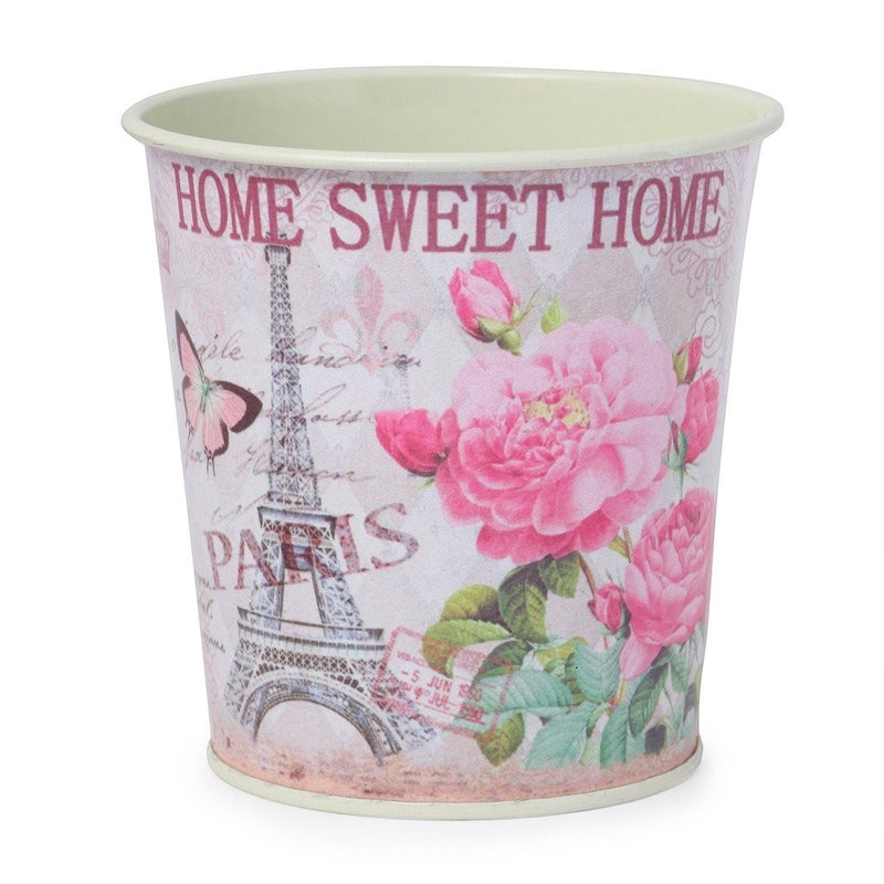 GoHooked pink metal planter with Eiffel Tower, roses, and butterfly design. Home Sweet Home text.