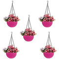 GoHooked pink plastic hanging flower pot with woven texture and chain, filled with pink and purple flowers.